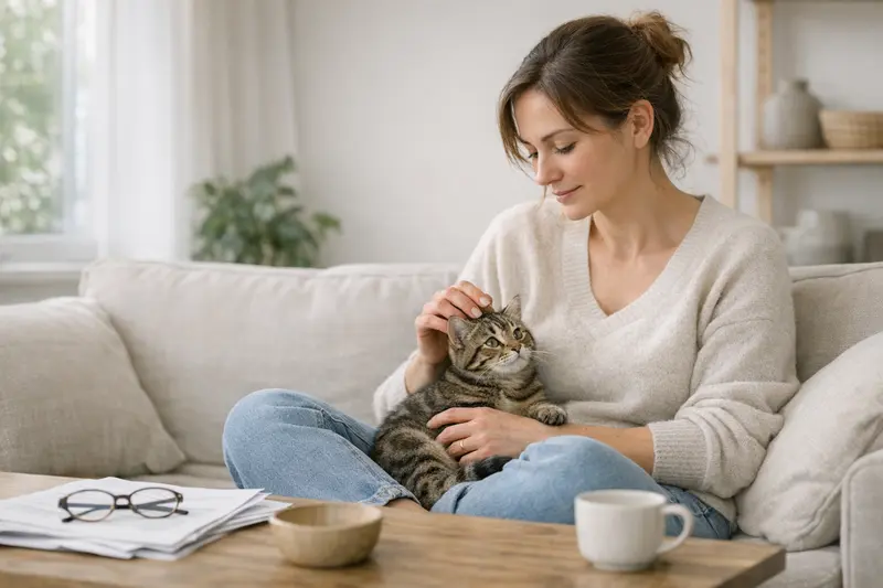 Optimale Zeit für den Abschluss einer Katzenversicherung Eine Katze sitzt neugierig auf dem Tisch, während ihre Besitzerin sich über Katzenversicherungen informiert.