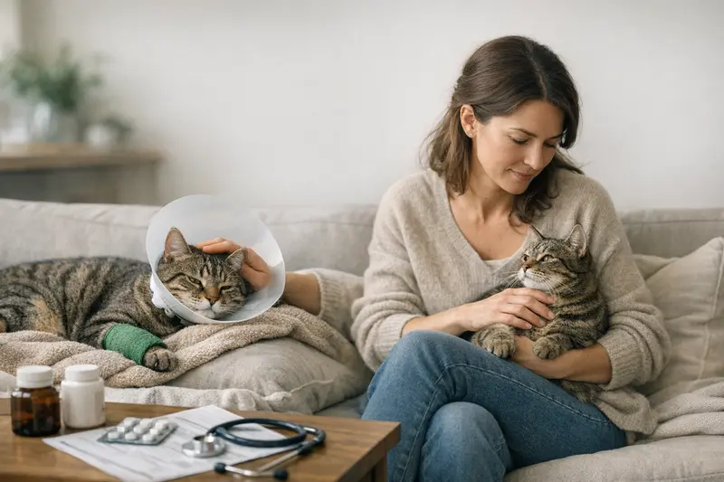 Untersuchung einer Katze beim Tierarzt Eine Katze wird von einem Tierarzt untersucht, um den Unterschied zwischen OP-Versicherung und Krankenversicherung zu verstehen.