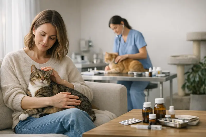 Untersuchung einer Katze beim Tierarzt Eine Katze wird von einem Tierarzt untersucht, um den Unterschied zwischen OP-Versicherung und umfassender Katzenversicherung zu erläutern.