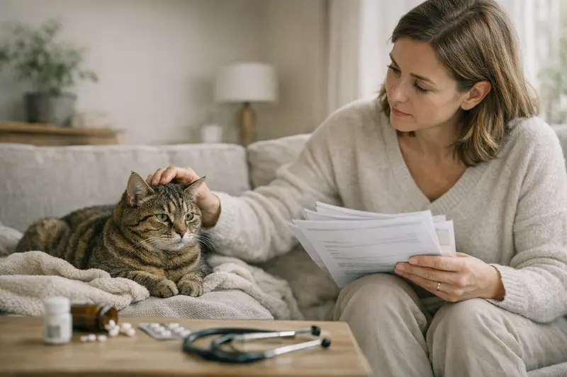 Tierarztuntersuchung Katze Eine Katze liegt entspannt auf einem Tierarztstuhl, während eine Untersuchung durchgeführt wird.