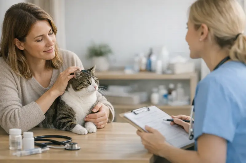 Tierarztbesuch einer Katze zur Gesundheitsvorsorge Eine Katze wird beim Tierarzt untersucht, um mögliche Vorsorgebehandlungen zu besprechen.