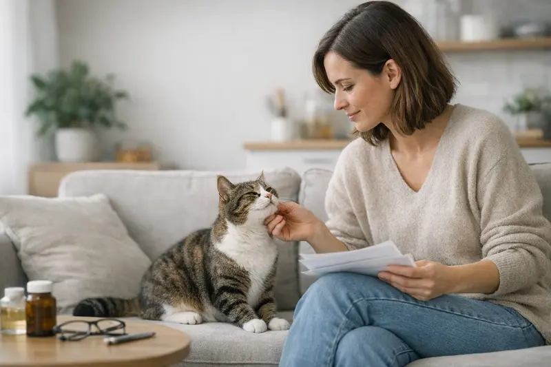Wohnungskatze und Versicherung Eine glückliche Wohnungskatze genießt das Leben in einer sicheren Umgebung, während die Besitzer über Tierversicherungen nachdenken.