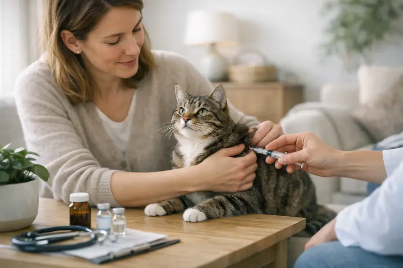 Katzengesundheit und Vorsorge Katzendoktor bei der Untersuchung einer Katze zur Gesundheitsvorsorge.