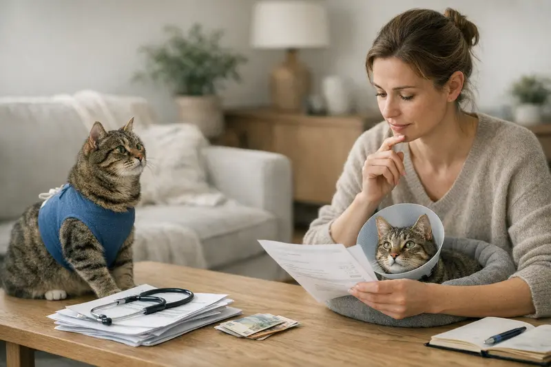 Katzenversicherung Optionen: OP oder Krankenversicherung? Katzenbesitzerin berät sich mit Tierarzt über OP-Versicherung und Krankenversicherung für ihre Katze.