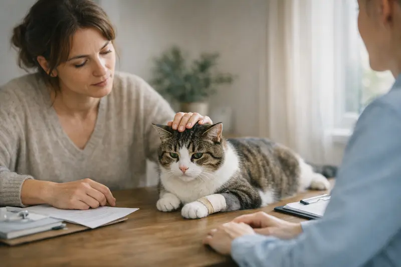Katzenbesitzerin spricht mit Tierarzt über Vorerkrankungen ihrer Katze