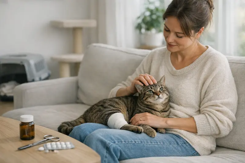 Wohnungskatze und Versicherungen Eine glückliche Wohnungskatze sitzt entspannt auf einem Sofa und genießt ihr Zuhause.