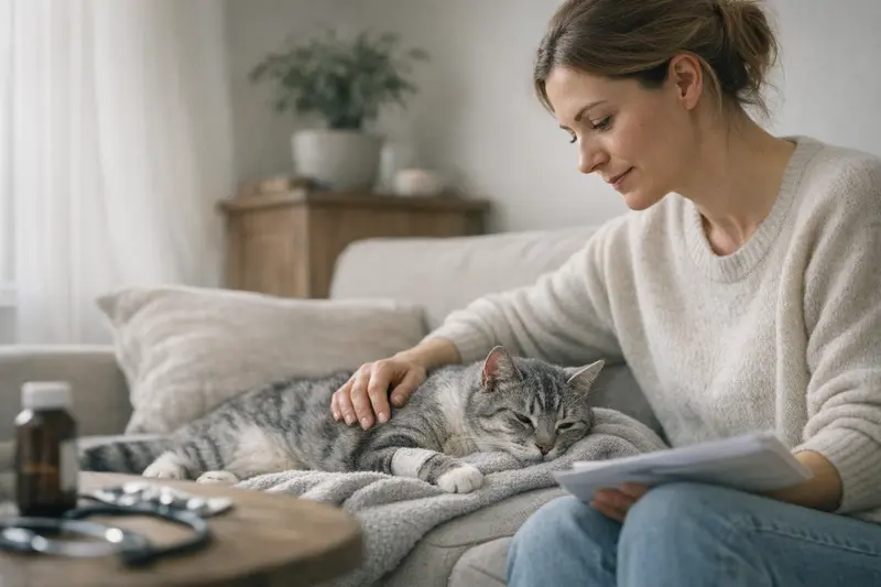 Tierarztbesuch bei einer Katze mit Vorerkrankung Eine Katze beim Tierarzt, die behandelt wird, während die Besitzerin besorgt schaut.