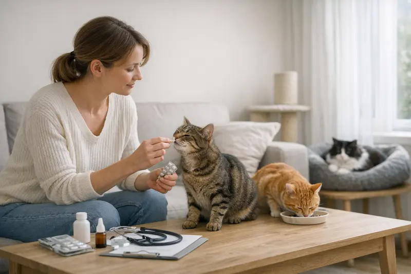 Katzen spielen in einem Mehrkatzenhaushalt und zeigen die Bedeutung von Hygienemaßnahmen.