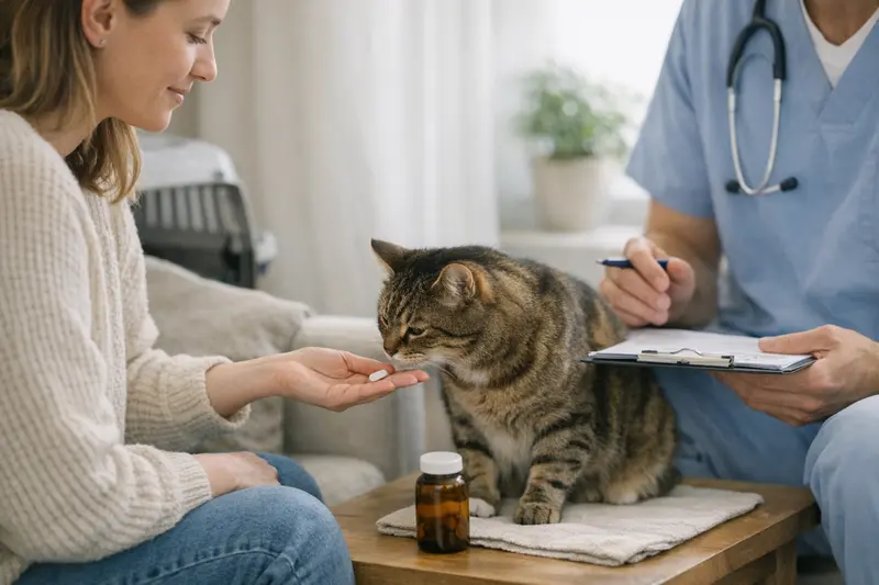 Entwurmung der Katze vom Tierarzt Eine Katze wird von ihrem Besitzer entwurmt, während der Tierarzt wichtige Infos gibt.