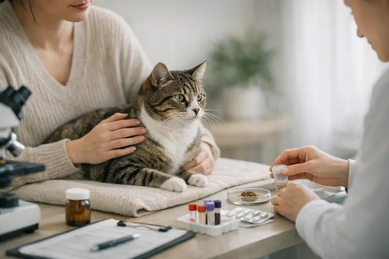 Eine Katze beim Tierarzt für eine Entwurmung und Kotuntersuchung.