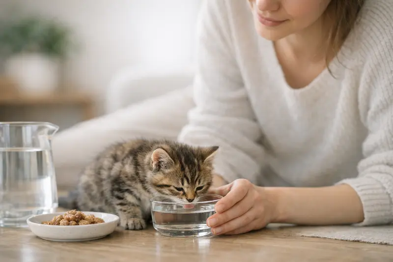 Wasser für Kitten ist lebenswichtig Jugendliche Katze, die an einer Schüssel frisches Wasser trinkt, um ihre Gesundheit zu unterstützen.