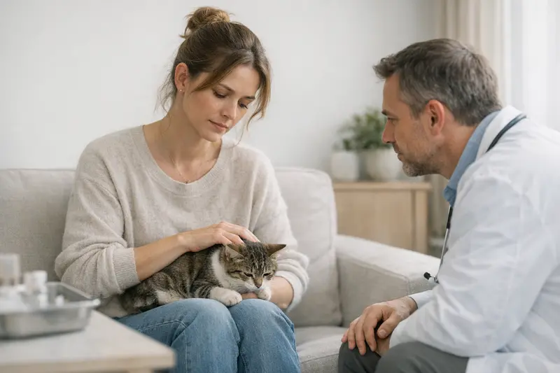 Eine Katze sitzt besorgt vor ihrem Futternapf, was Anzeichen für einen schnellen Futterwechsel zeigt.