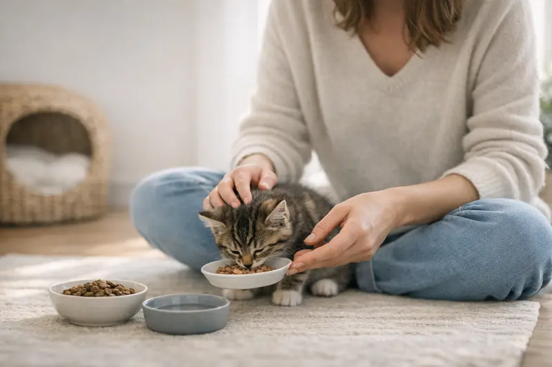 Ein Kitten frisst seine Mahlzeit aus einem kleinen Napf, was den hohen Energiebedarf eines heranwachsenden Katzenkindes unterstützt.
