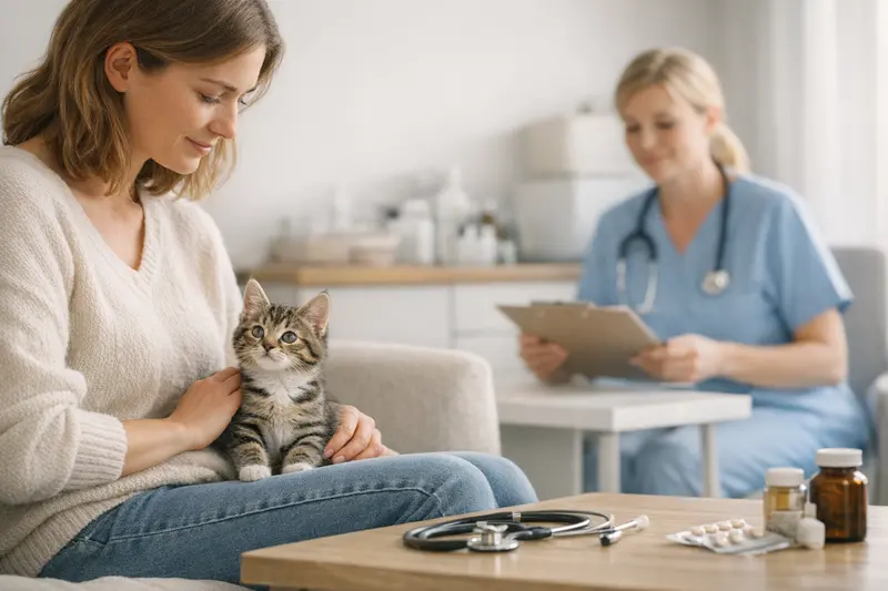 Katzenkrankenversicherung für Kitten Ein gesundes Kitten bei einer Tierärztin während einer Vorsorgeuntersuchung.