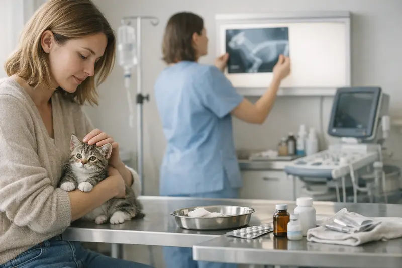 Wichtige Tierarztleistungen für Kitten Ein gesundes Kitten beim Tierarzt für eine Untersuchung zur Vorsorge.