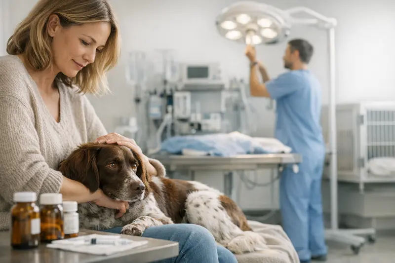 Unterschied zwischen Hundekrankenversicherung und OP-Versicherung Beratungsgespräch zwischen Hundebesitzer und Tierarzt über Hundekrankenversicherung und OP-Versicherung.