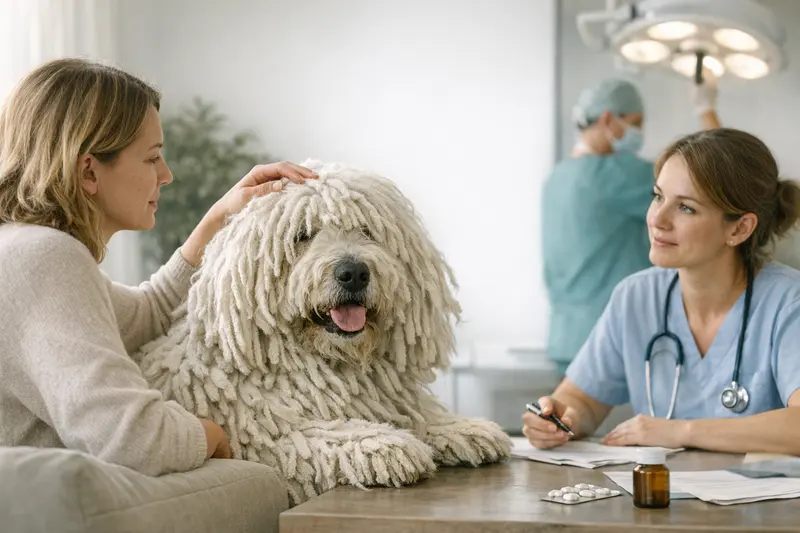 Ein Komondor sitzt entspannt im Garten, perfekt für die Diskussion über Hundekrankenversicherung.