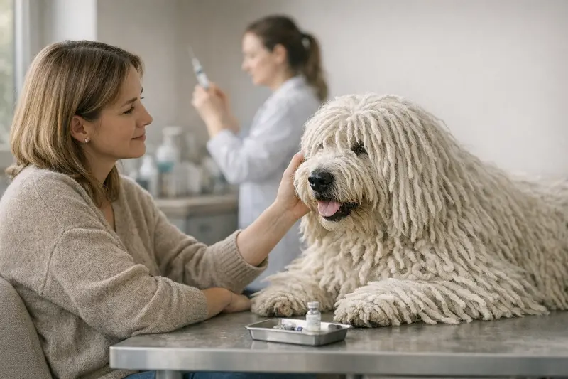 Hundekrankenversicherung und Impfungen Ein Hundebesitzer und sein Tierarzt besprechen Impfungen und Vorsorgeleistungen für die Hundekrankenversicherung.