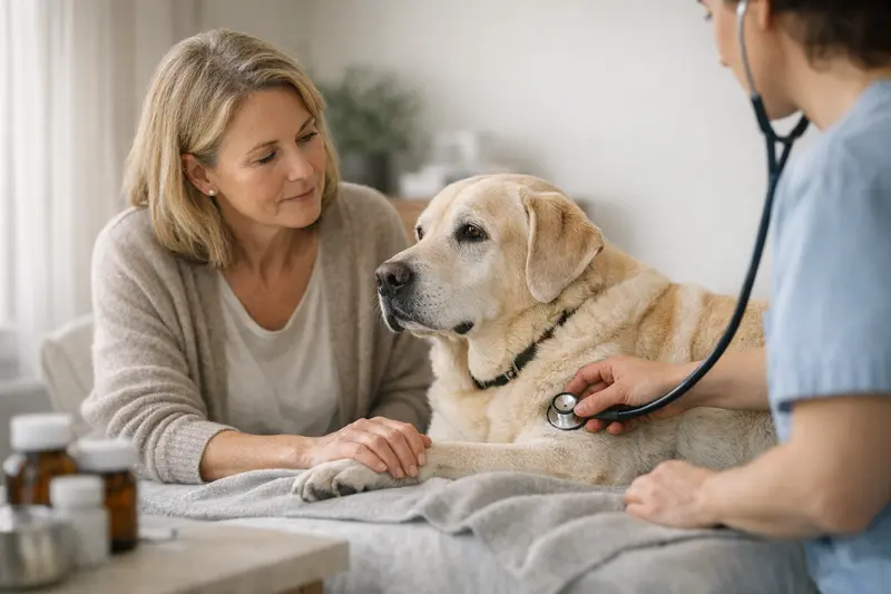 Ein älterer Hund mit einem Tierarzt auf einer Untersuchungsliege, der gesundheitliche Maßnahmen bespricht.