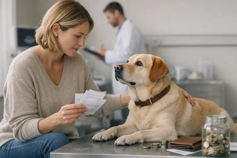 Selbstbeteiligung bei Hundekrankenversicherung Ein Hundebesitzer bespricht die Selbstbeteiligung bei Tierarztbesuchen mit einem Tierarzt.