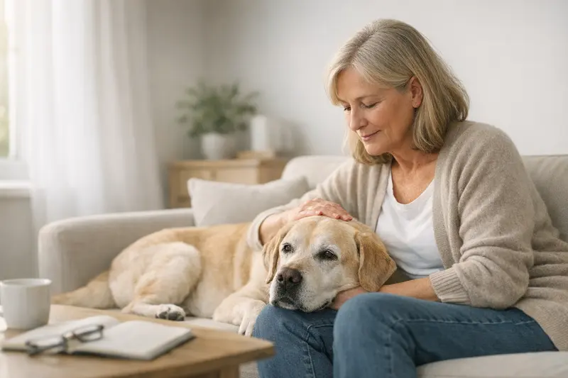 Seniorhund im Garten Ein Seniorhund sitzt fröhlich im Garten und wird von seinem Besitzer umsorgt, was die Wichtigkeit einer Krankenversicherung für ältere Hunde verdeutlicht.