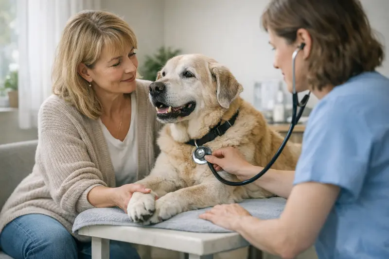 Vorsorge-Check-up für Seniorhunde Älterer Hund wird beim Tierarzt untersucht, um Vorsorge-Check-ups durchzuführen.