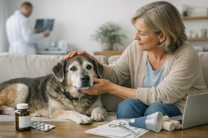 Seniorhund Tierarztbesuch Seniorhund mit Tierarzt, der behandelt wird und Fragen zu OP-Schutz und Vollschutz diskutiert.