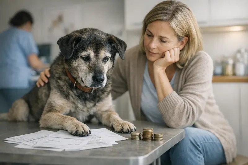 Häufige Tierarztbesuche und Selbstbeteiligung Hund beim Tierarzt während eines häufigen Besuchs für eine Untersuchung