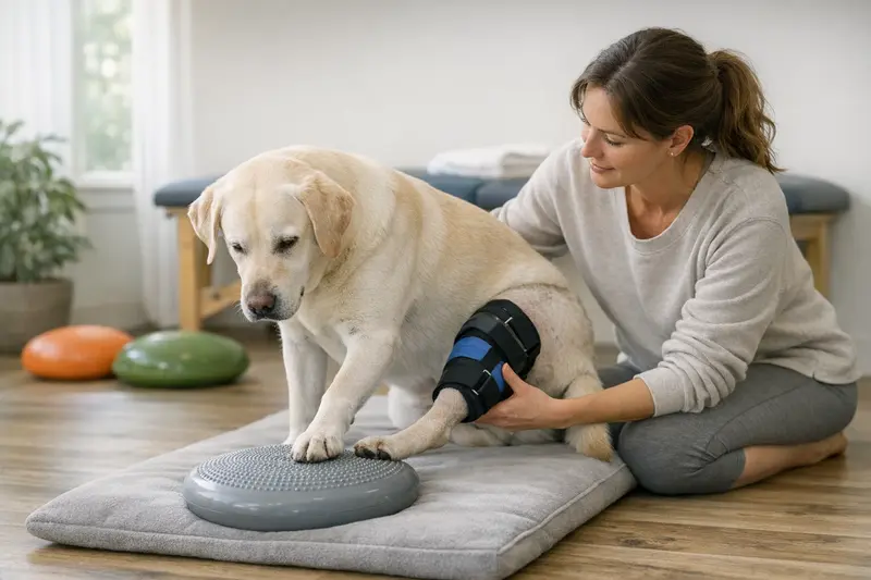 Physiotherapie nach Kreuzband-OP für Hunde Hundephysiotherapeutin unterstützt einen Hund während der Rehabilitation nach einer Kreuzband-OP.