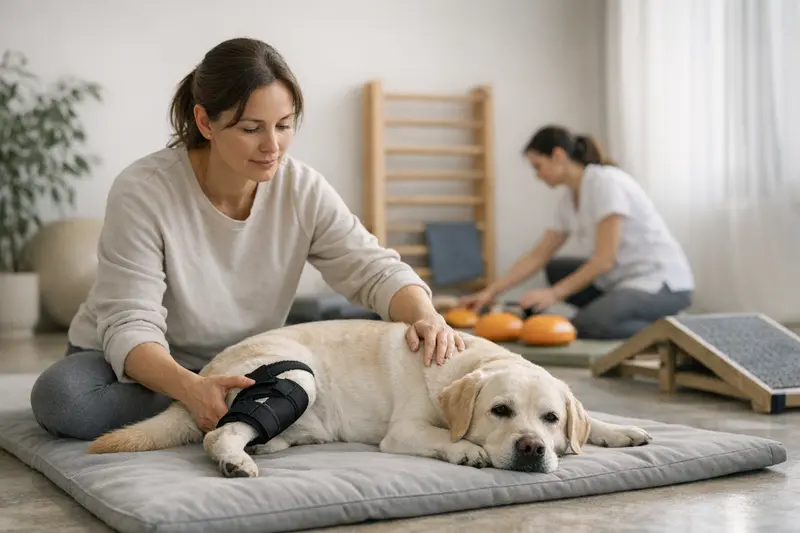 Physiotherapie Hund nach Kreuzband-OP Ein Hund erhält physiotherapeutische Behandlung nach einer Kreuzband-OP.