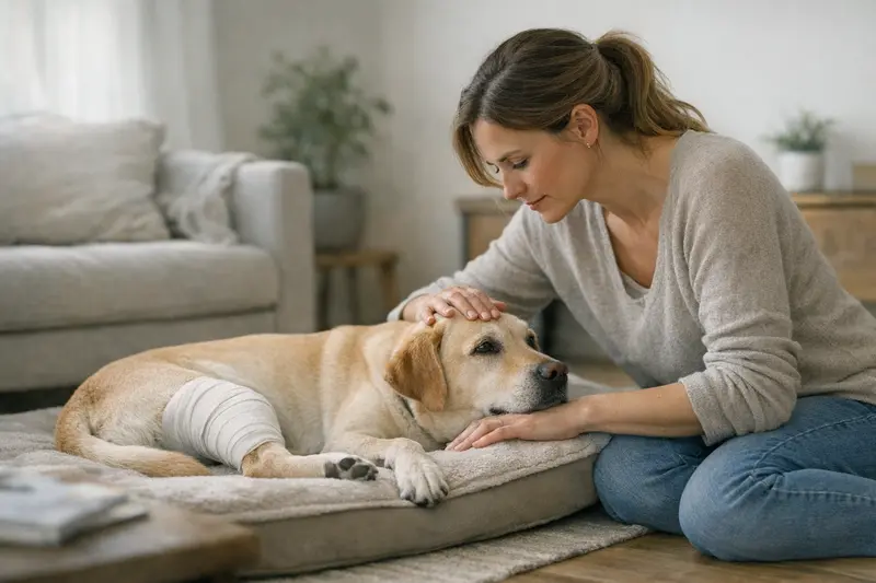 Hund nach Kreuzbandoperation Ein Hund, der nach einer Operation am Kreuzband geborgen auf einem Hundebett liegt.