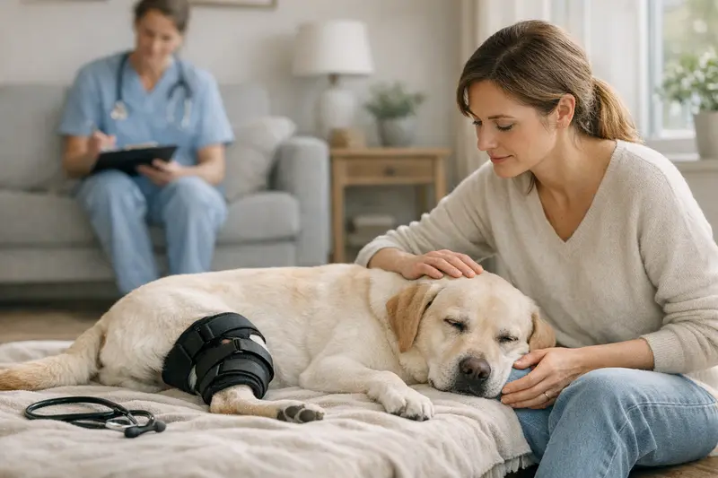 Tierärztliche Untersuchung nach Kreuzbandriss Ein Hund wird vom Tierarzt untersucht, um mögliche Erkrankungen zu klären.