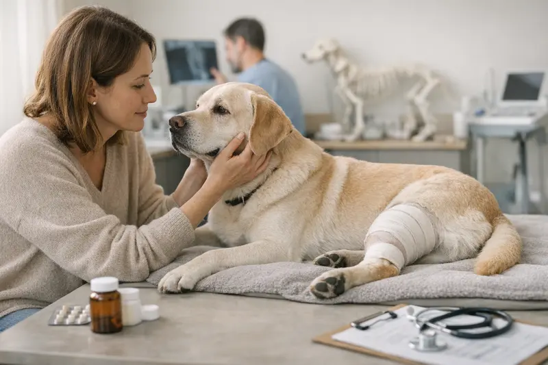 Ein Hund in der Tierarztpraxis, der auf eine Knieoperation vorbereitet wird und dabei von einem Tierarzt betreut wird.