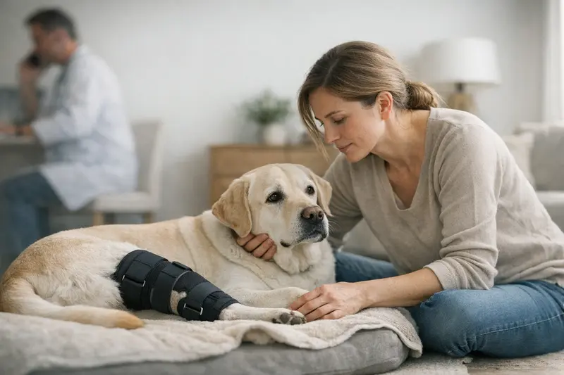 Hund mit Kreuzbandriss nach der Operation Ein Hund mit einem Verband am Bein nach einer Kreuzbandriss-Operation beim Tierarzt.