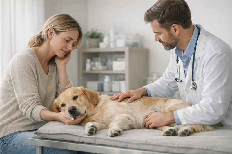 Kryptorchismus beim Hund und Tierarztbesuch Ein Hundebesitzer bespricht mit einem Tierarzt die Symptome von Kryptorchismus beim Hund.
