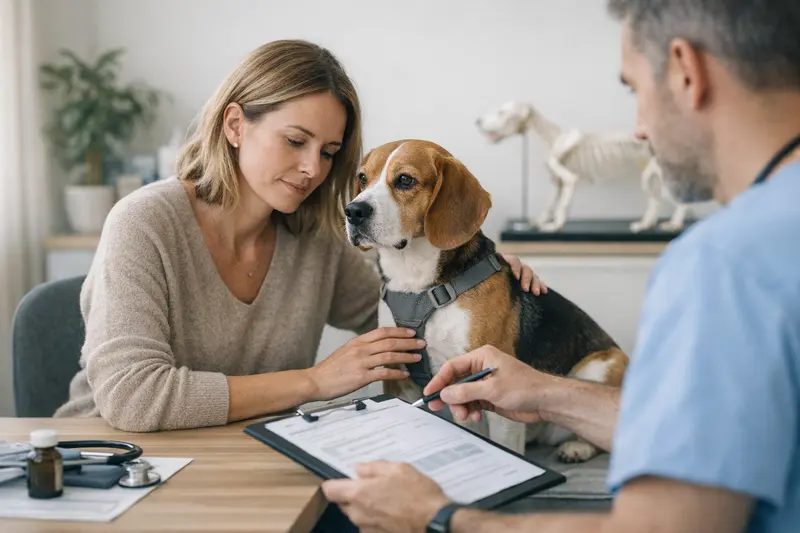 Hund mit einem Tierarzt, der eine Gesundheitsprüfung durchführt, um Versicherungsfragen zu klären.