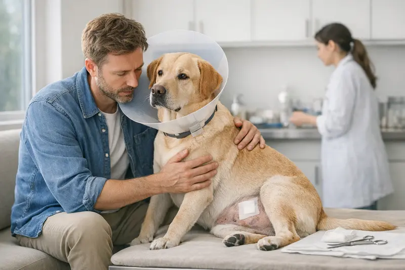 Hunde-Operation und Versicherungsinformationen Ein Tierarzt untersucht einen Hund auf möglichen Kryptorchismus und erklärt die Kosten einer Hunde-OP-Versicherung.