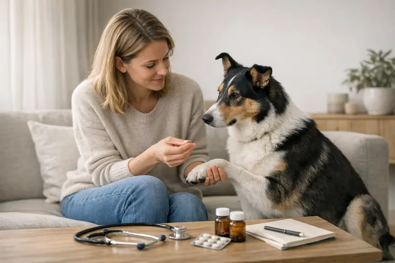 Vorsorgebaustein Hundekrankenversicherung Ein Hundebesitzer bespricht mit einem Tierarzt die Vorteile eines Vorsorgebausteins für die Krankenversicherung seines Hundes.