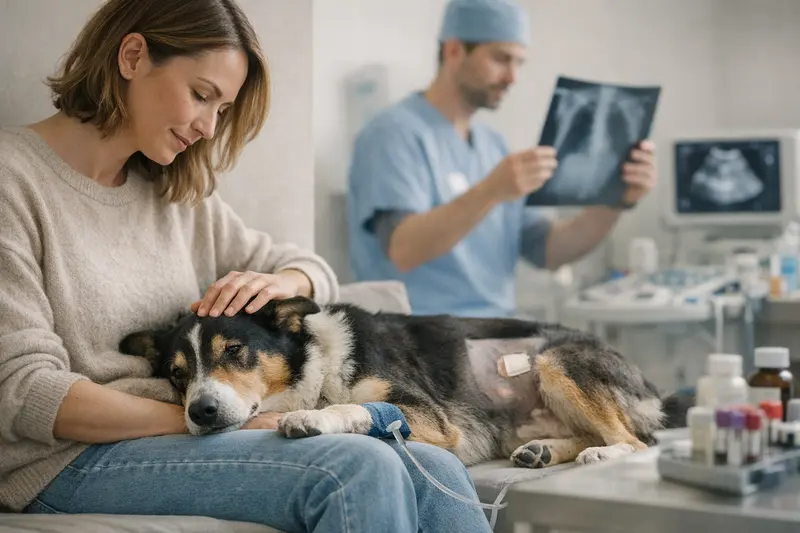 Hund beim Tierarzt während einer Diagnostikuntersuchung