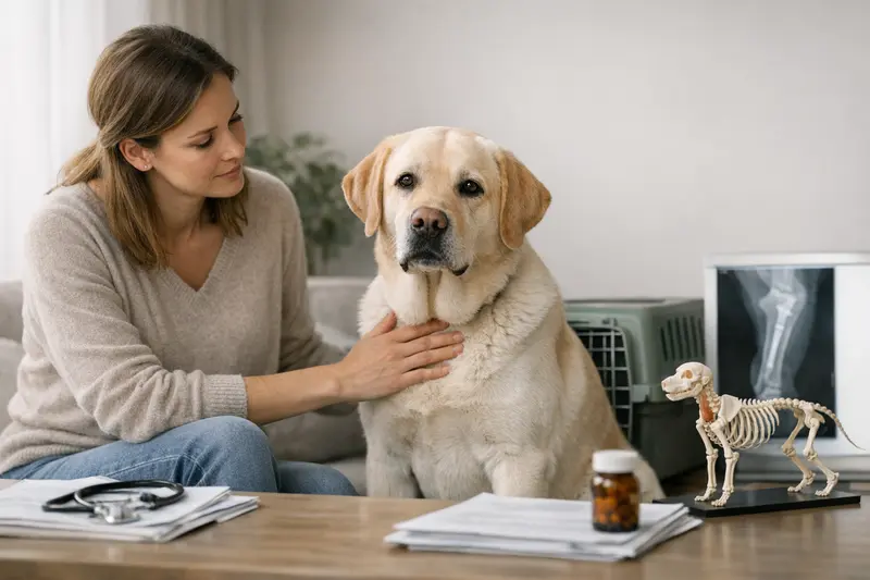 Labrador: Kranken- oder OP-Versicherung? Labrador mit einem Tierarzt, der über OP- und Krankenversicherungen spricht.