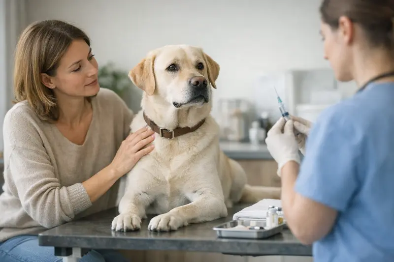Vorsorgeleistungen in der Hundeversicherung Ein gesunder Labrador mit einem frisch nach einem Tierarztbesuch geimpften Ausweis.