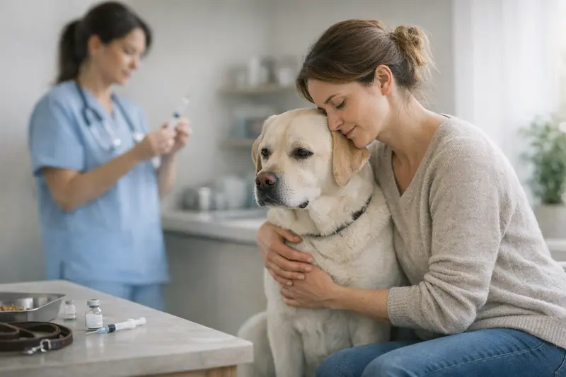 Vorsorgeleistungen bei der Hundeversicherung Ein Labrador-Retriever beim Tierarzt, der eine Impfung erhält, um die Wichtigkeit von Vorsorgeleistungen zu verdeutlichen.