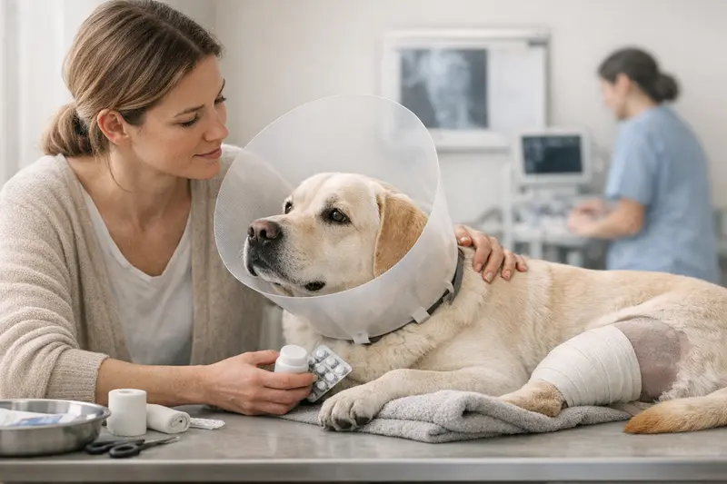 Voruntersuchung Hund OP Tierarzt bei der Durchführung einer Voruntersuchung vor einer Operation bei einem Hund.