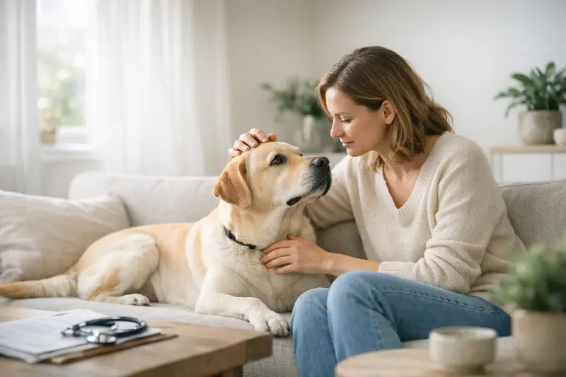 Hundeversicherung Nutzen Ein Labrador Retriever mit einem Tierarzt in einer klinischen Umgebung, um die Vorteile einer Hundeversicherung zu diskutieren.