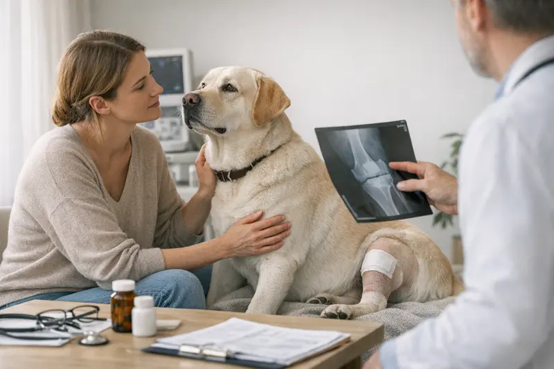 Wichtige Tarifpunkte für Labrador-Versicherungen Ein Labrador während einer tierärztlichen Untersuchung fokussiert.