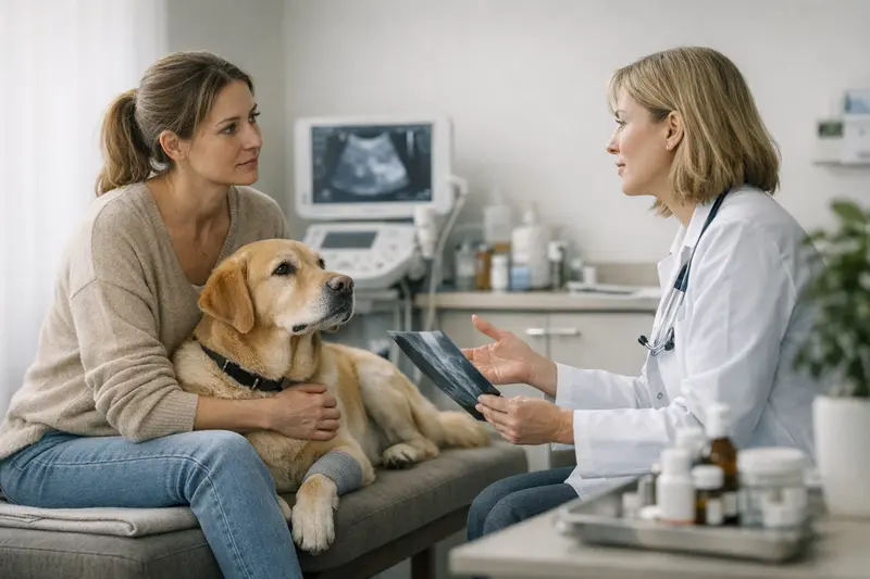 Hund beim Tierarzt, der die Notwendigkeit einer OP-Versicherung bespricht.