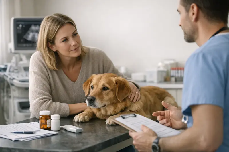 Hund beim Tierarzt mit dem Fokus auf die Kostenübersicht für Versicherungen.
