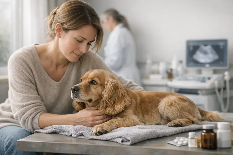 Tierarztbesuch zur Läufigkeit des Hundes Eine Hundebesitzerin spricht mit einem Tierarzt über die Kosten der Behandlung während der Läufigkeit.
