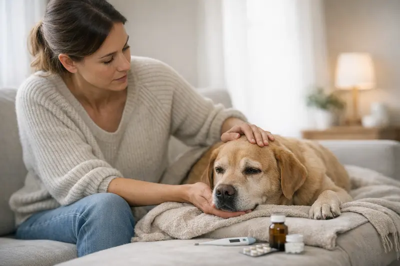 Ein Hund zeigt Anzeichen von läufigkeit mit Schwellungen und verändertem Verhalten.