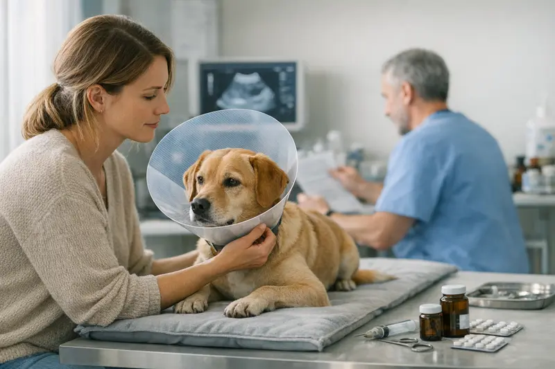 Tierarzt prüft einen läufigen Hund auf mögliche Komplikationen und Kosten.